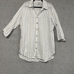 Rosemarine Italy 100% Linen Shirt M White Blue Striped Coastal Roll Tab Tunic